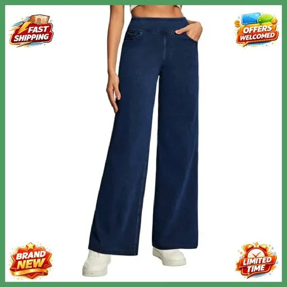 High Waist Wide Leg Pull On Jeans Stretchy Straight Leg Denim Pants